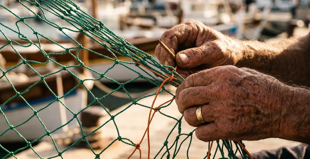 Gros plan sur les mains calleuses d'un pêcheur corse réparant un filet de pêche traditionnel avec texture et détails