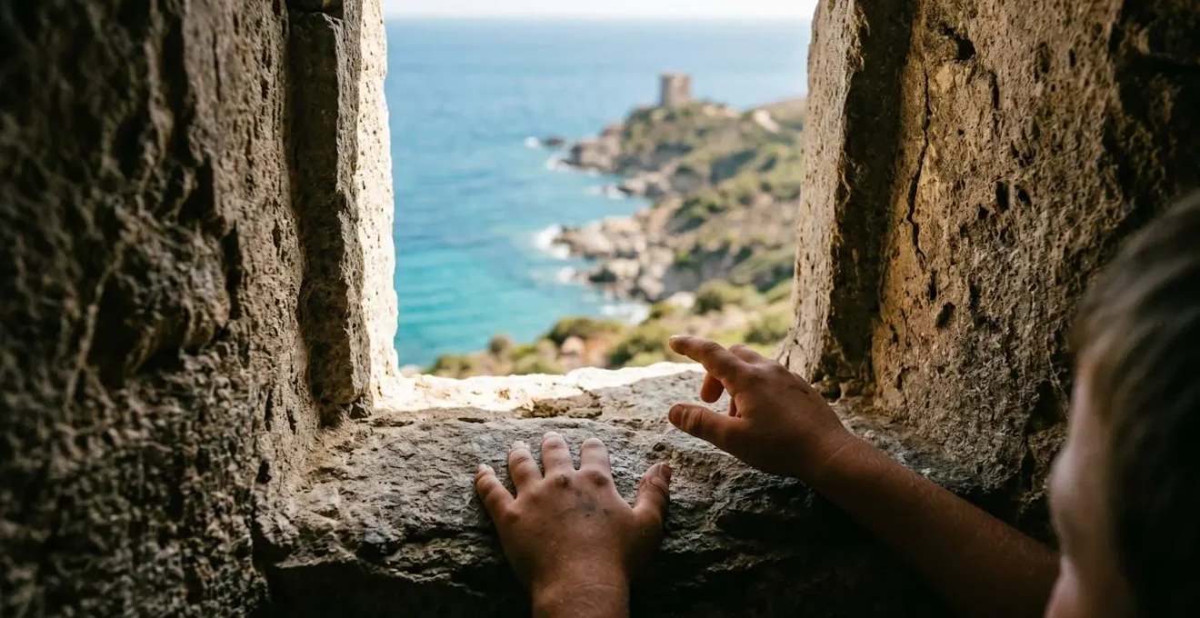 Vue depuis l'intérieur d'une échauguette génoise montrant l'ouverture de surveillance encadrant le panorama sur la côte corse et la mer
