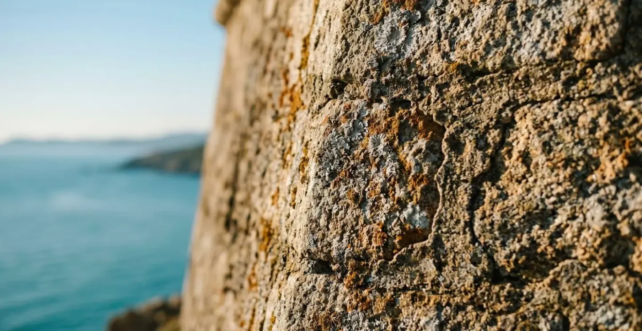 Détail architectural d'une échauguette en pierre surplombant la mer Méditerranée en Corse