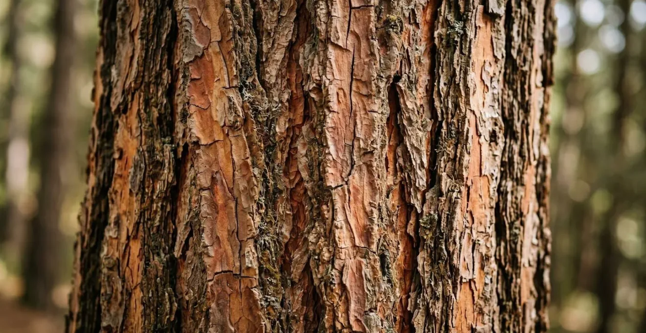 Gros plan sur la texture rugueuse et rougeâtre de l'écorce d'un pin laricio centenaire en forêt méditerranéenne