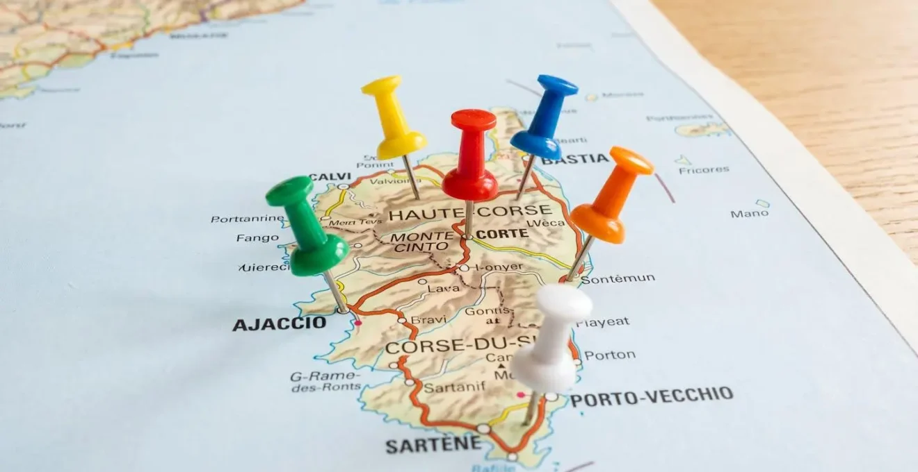 Gros plan sur des épingles de couleur plantées sur une carte de Corse, mise au point sélective sur les épingles avec arrière-plan flouté