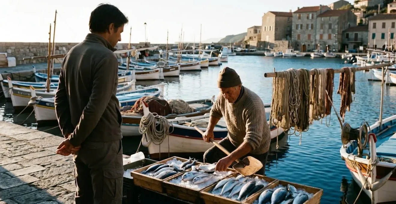 Interaction respectueuse entre un client et un pêcheur corse dans l'atmosphère authentique d'un port méditerranéen traditionnel