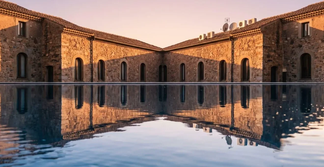 Façade ocre d'une citadelle génoise se reflétant dans les eaux calmes d'un port au coucher du soleil