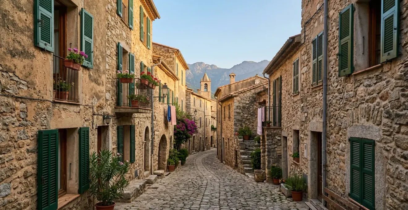 Façade traditionnelle d'une maison corse en pierre naturelle avec volets en bois dans une ruelle de village