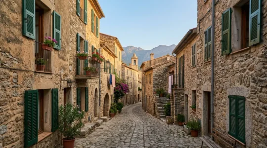 Façade traditionnelle d'une maison corse en pierre naturelle avec volets en bois dans une ruelle de village