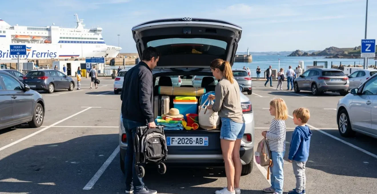 Famille de quatre personnes vue de dos chargeant le coffre d'un SUV avec bagages de plage, poussette et équipements, dans un parking de port ferry sous lumière matinale
