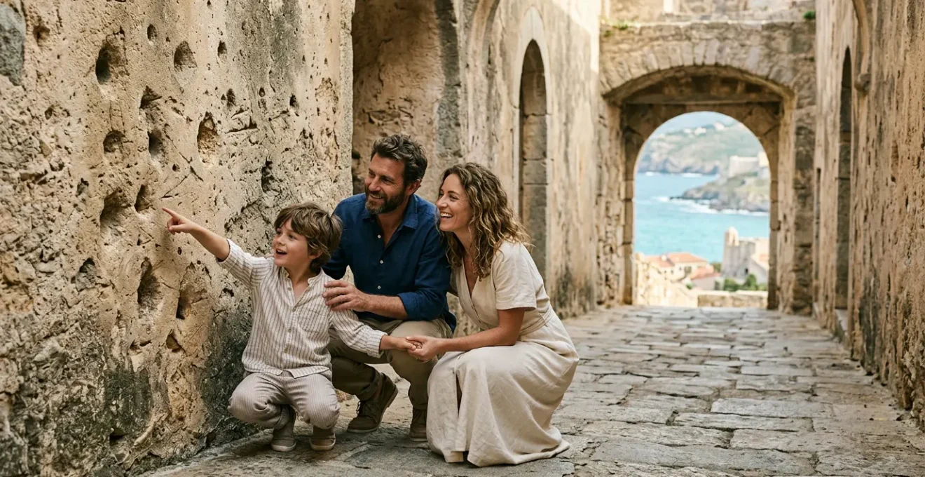 Famille explorant une citadelle génoise en Corse avec enfants observant les remparts historiques
