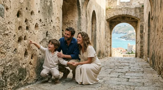 Famille explorant une citadelle génoise en Corse avec enfants observant les remparts historiques