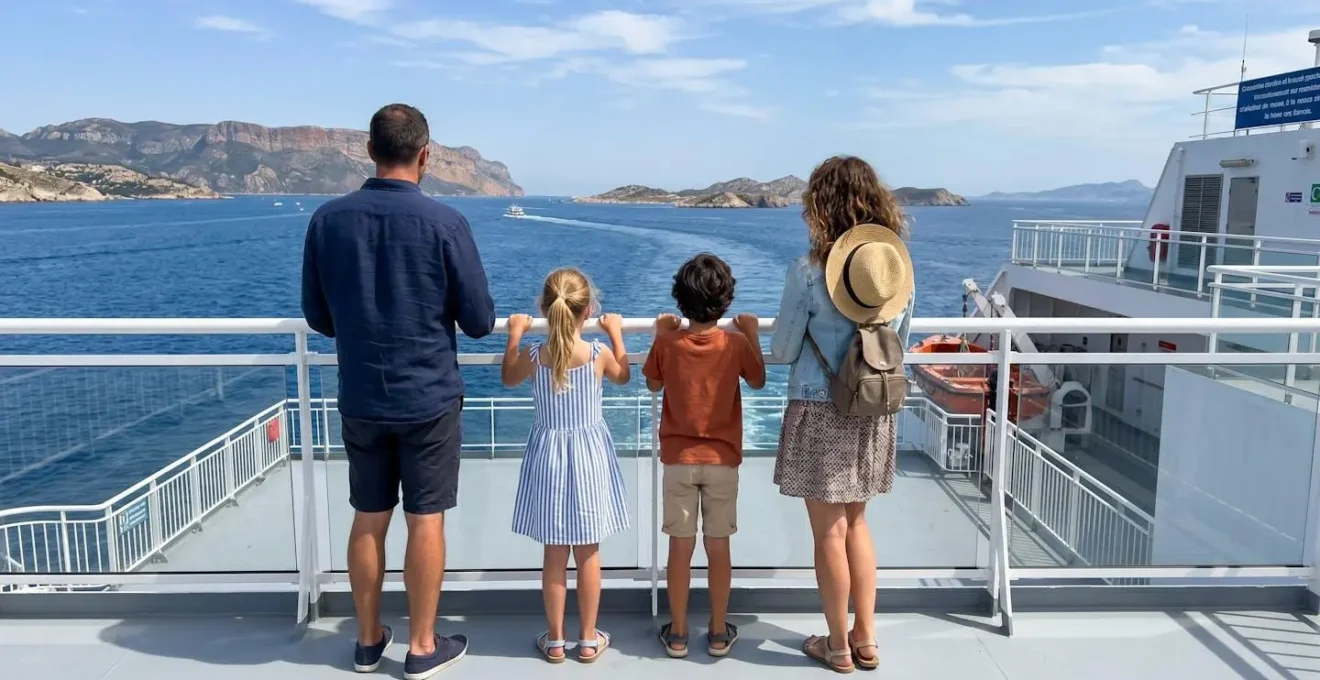 Une famille de quatre personnes observe l'horizon méditerranéen depuis le pont arrière d'un ferry moderne, photographiée de dos dans une ambiance détendue