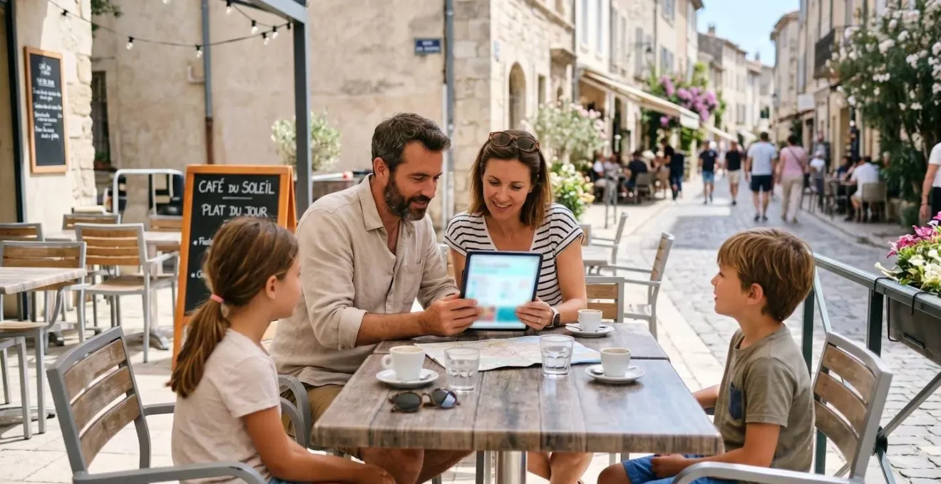 Famille de quatre personnes assise à une terrasse ensoleillée d'un café, les parents consultent ensemble une tablette posée sur la table tandis que les enfants regardent au loin, ambiance décontractée de préparation de voyage