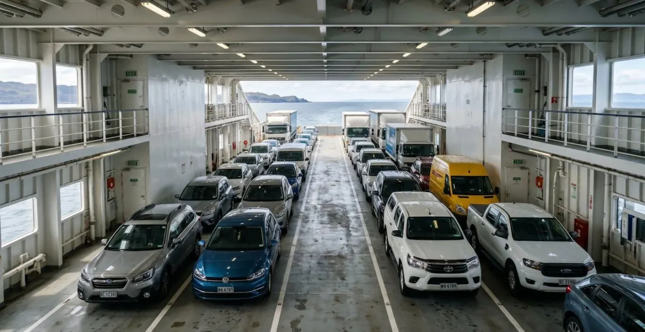 Vue du pont d'un ferry avec des véhicules garés en rangées ordonnées sous une lumière naturelle filtrant par les ouvertures latérales