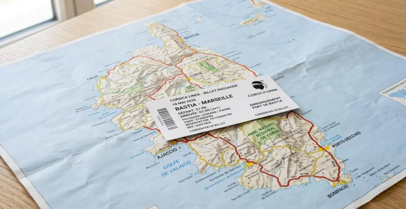 Gros plan macro sur un billet de ferry posé sur une carte routière de Corse dépliée, détails du papier et textures visibles sous lumière naturelle latérale