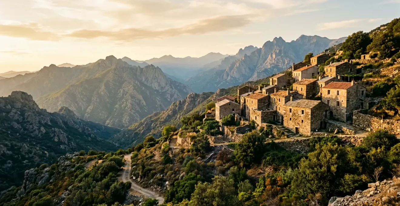 Vue d'un hameau corse perché en montagne, architecture traditionnelle en pierre et atmosphère authentique