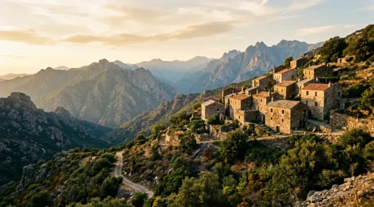Vue d'un hameau corse perché en montagne, architecture traditionnelle en pierre et atmosphère authentique