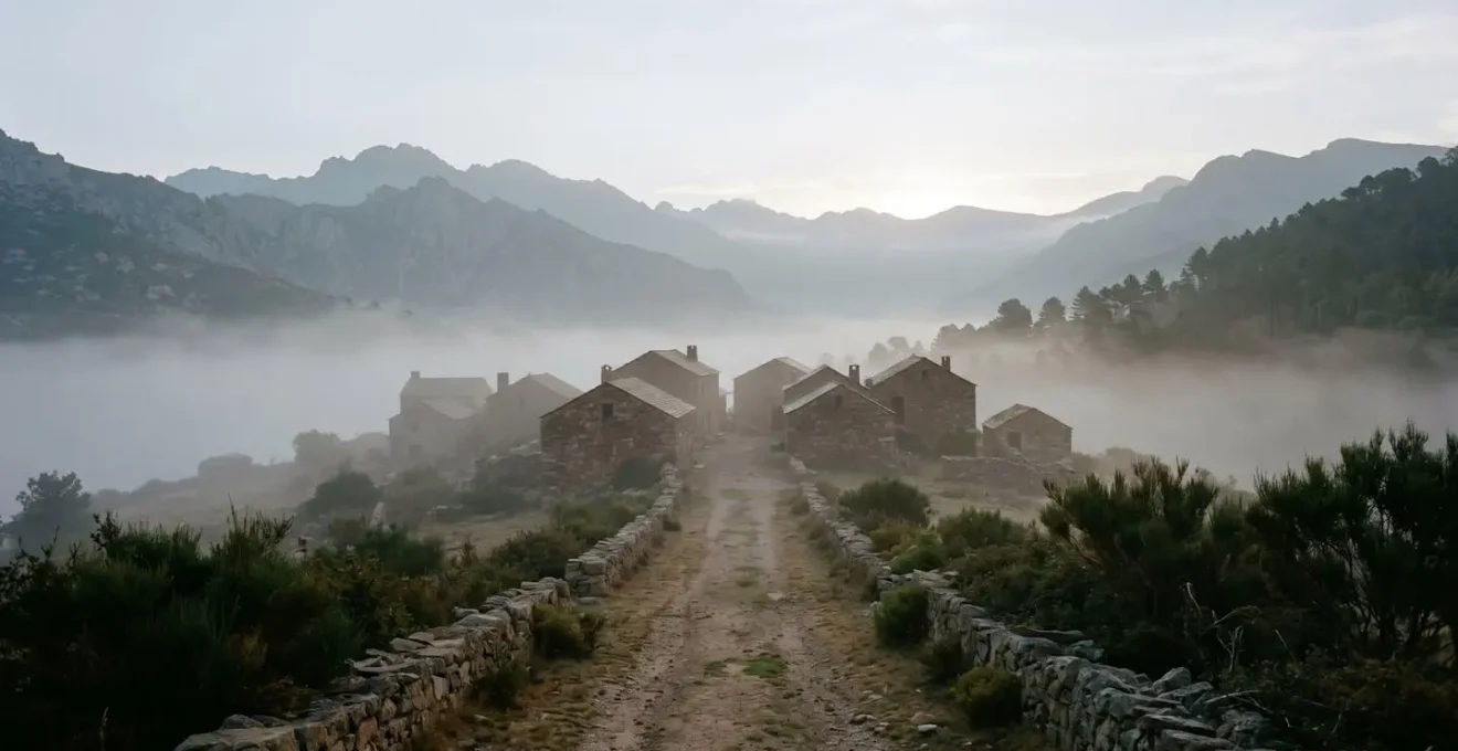 Hameau pastoral corse isolé dans la montagne avec bergeries en pierre sèche émergeant de la brume matinale, sentier de terre au premier plan