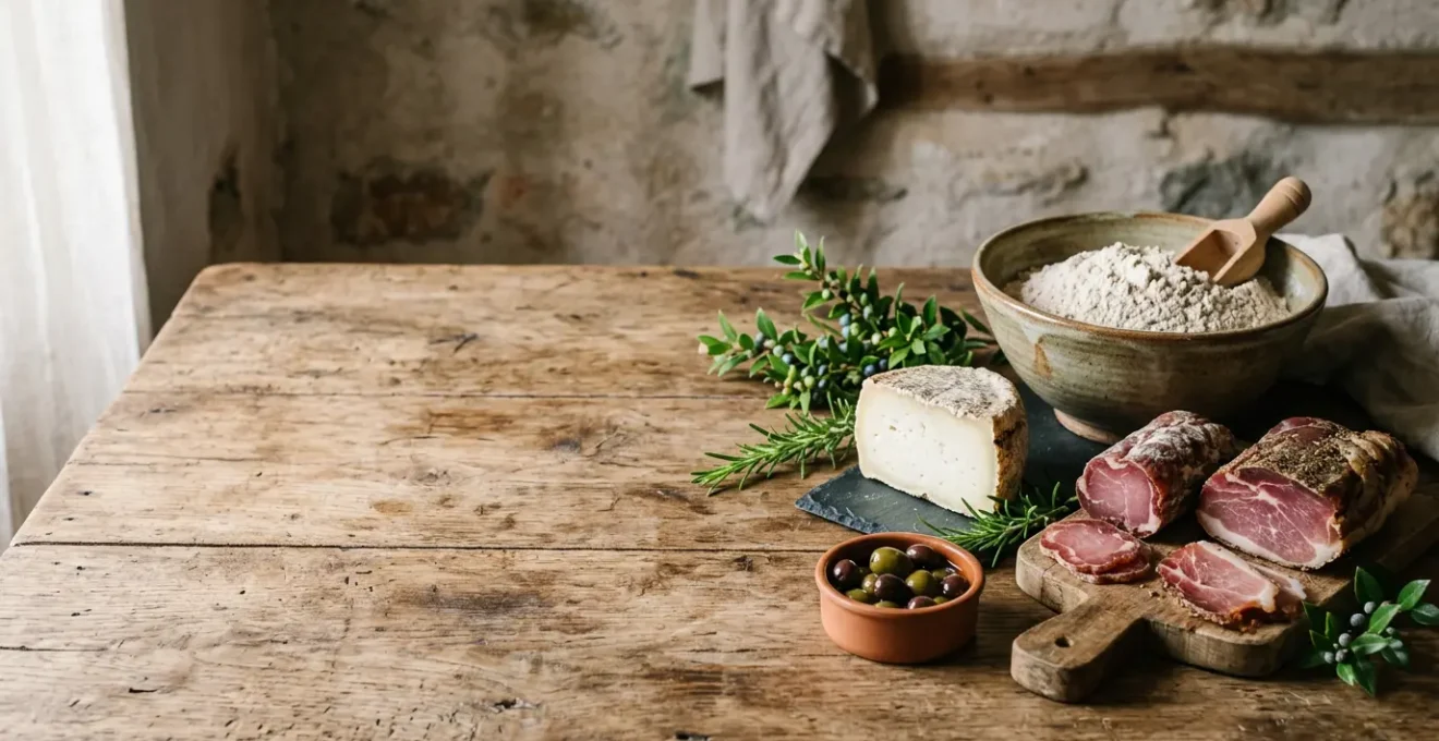 Ingredients de cuisine corse traditionnel avec substituts continentaux sur une table rustique