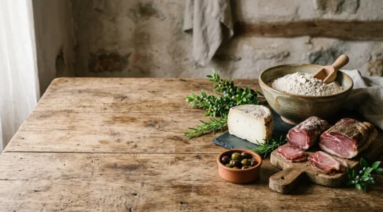 Ingredients de cuisine corse traditionnel avec substituts continentaux sur une table rustique