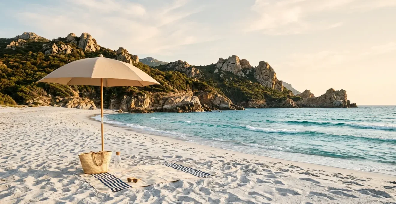 Plage corse ensoleillée avec mer turquoise et équipements de protection solaire