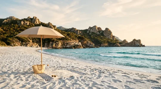 Plage corse ensoleillée avec mer turquoise et équipements de protection solaire