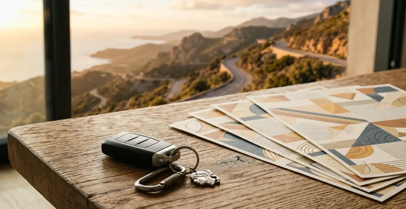 Clés de voiture et documents d'assurance automobile sur fond de paysage montagneux corse