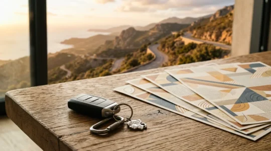 Clés de voiture et documents d'assurance automobile sur fond de paysage montagneux corse