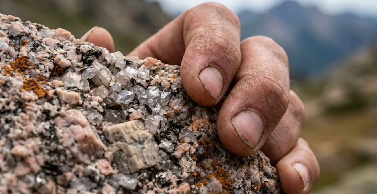 Gros plan macro sur une main de randonneur testant une prise de granit rose corse avec détails texturaux des cristaux de quartz