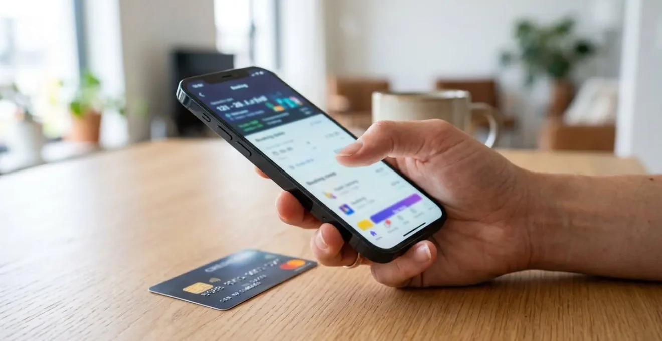 Gros plan sur une main tenant un smartphone moderne affichant une interface de réservation totalement floutée, carte bancaire partiellement visible sur un bureau en bois clair avec arrière-plan doux et lumineux