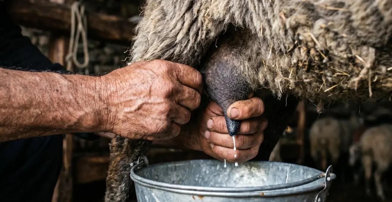 Gros plan sur les mains expertes d'un berger effectuant la traite manuelle d'une brebis corse dans une bergerie d'altitude rustique