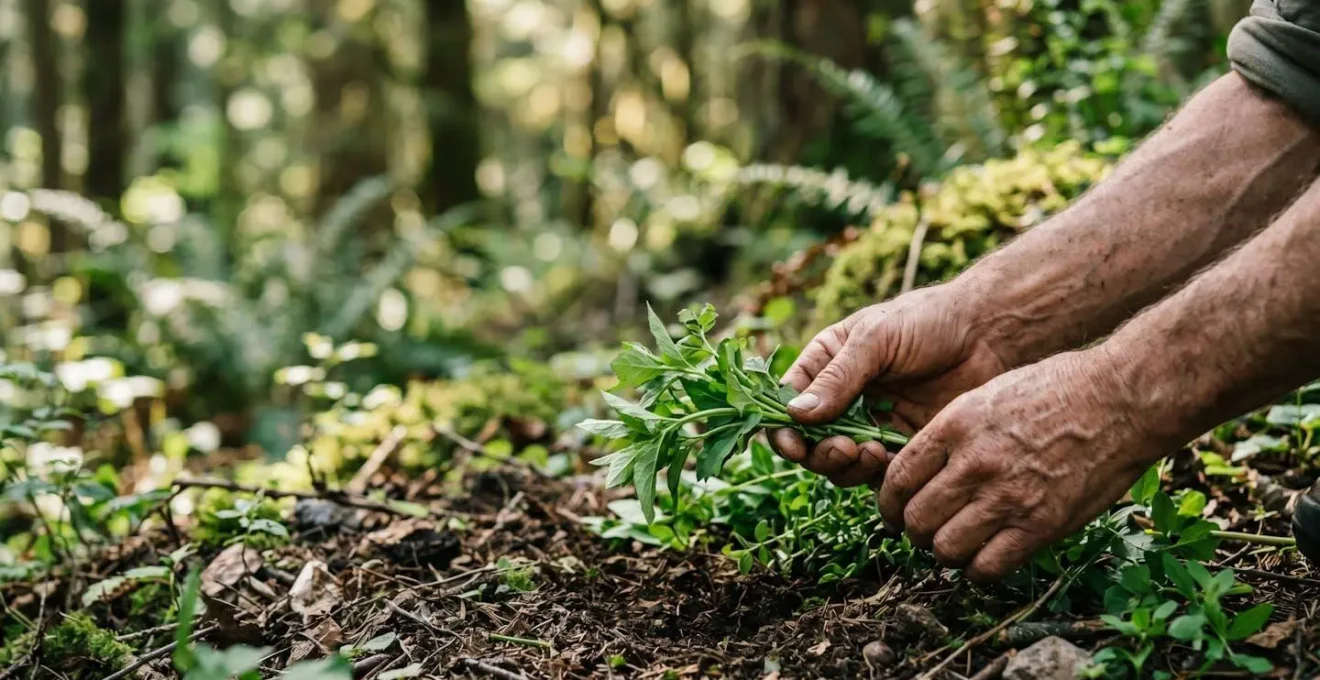 Mains humaines cueillant délicatement des herbes sauvages dans une clairière forestière préservée