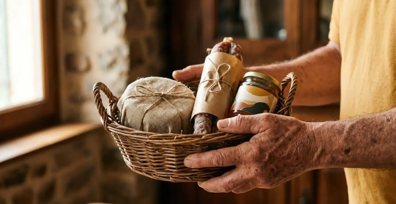 Gros plan sur des mains offrant un panier de produits locaux corses en signe de réciprocité et d'échange