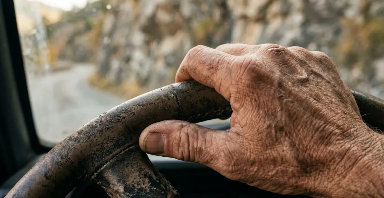 Gros plan sur les mains d'un conducteur au volant sur une route de montagne corse étroite