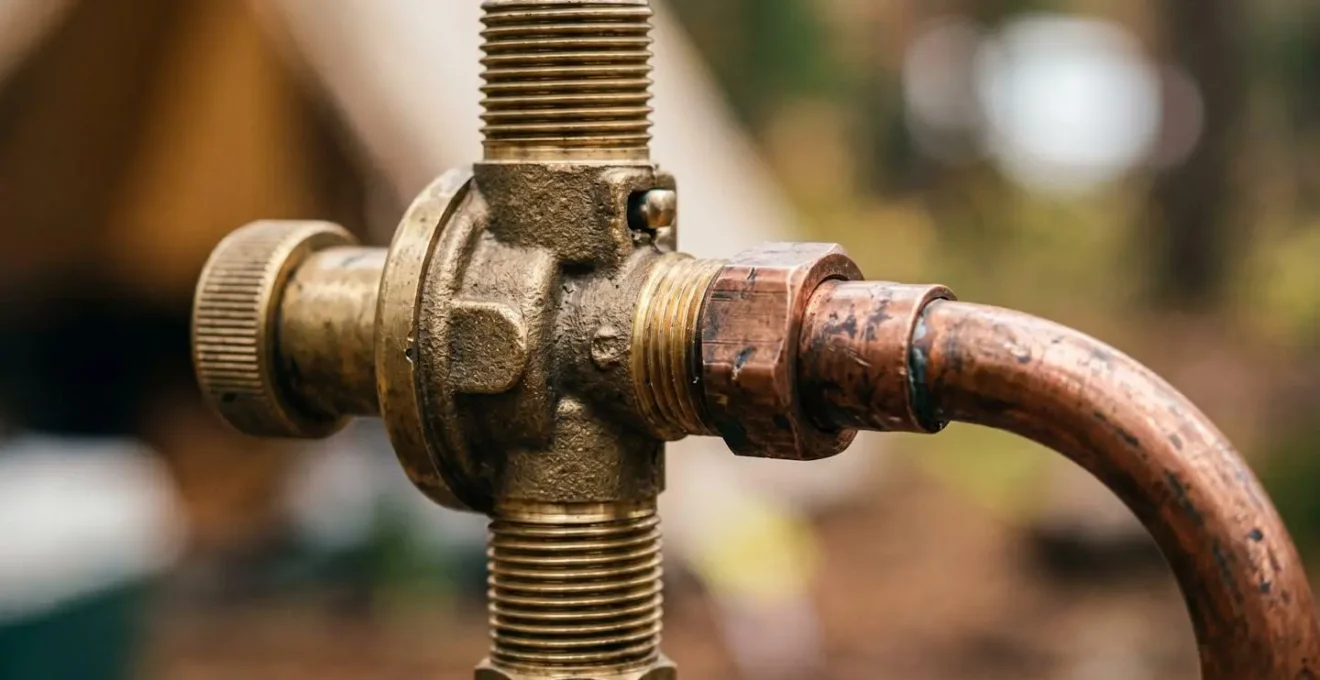 Gros plan sur détendeur de bouteille de gaz et vannes de régulation pour chauffe-eau