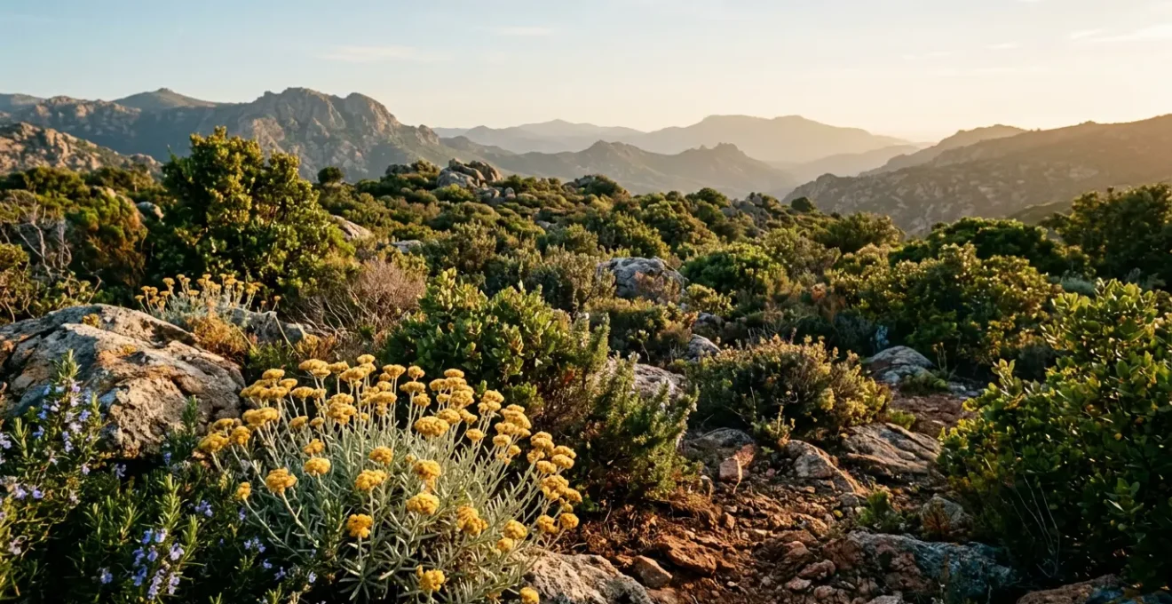 Maquis corse avec herbes sauvages aromatiques et immortelle sous lumière dorée méditerranéenne