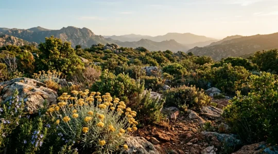 Maquis corse avec herbes sauvages aromatiques et immortelle sous lumière dorée méditerranéenne