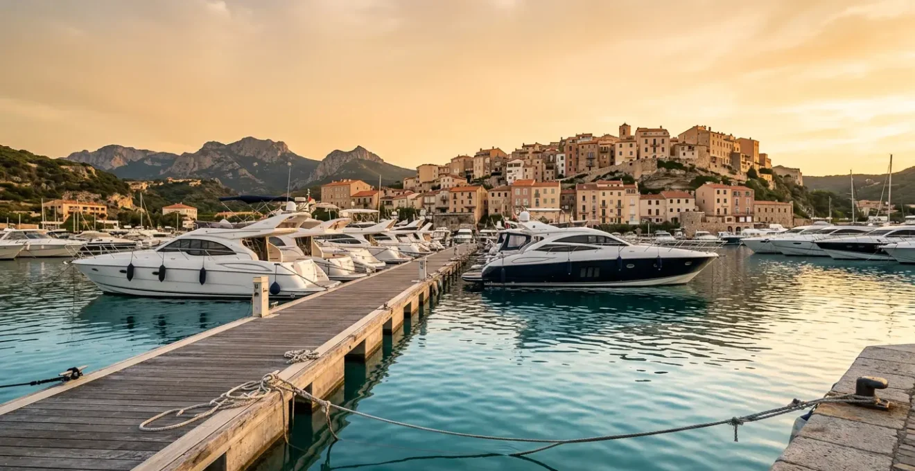 Vue panoramique d'une marina corse au coucher du soleil avec yachts amarrés et montagnes corses en arrière-plan