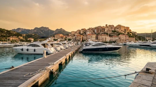 Vue panoramique d'une marina corse au coucher du soleil avec yachts amarrés et montagnes corses en arrière-plan