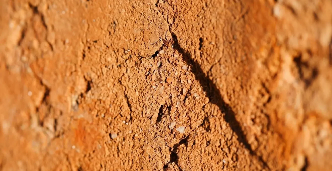 Gros plan détaillé sur la texture d'une façade ocre corse sous lumière rasante révélant le grain du crépi