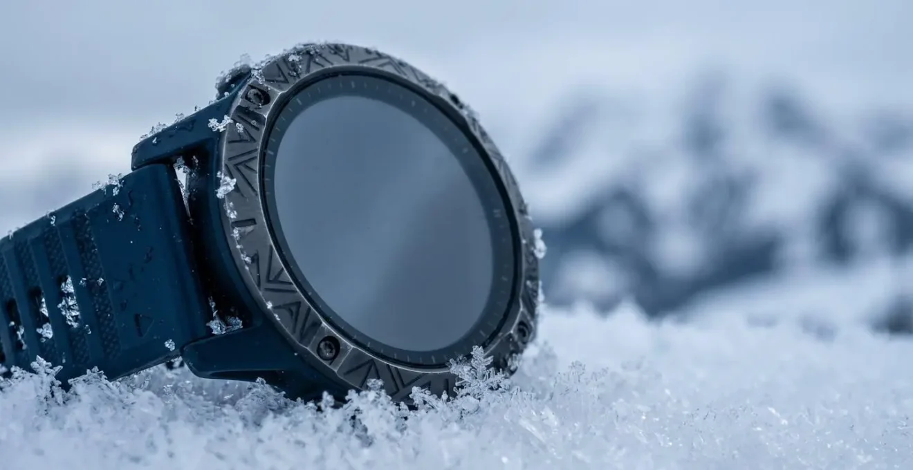 Montre GPS de randonnée posée sur une surface enneigée avec givre cristallisé illustrant l'impact du froid sur les batteries
