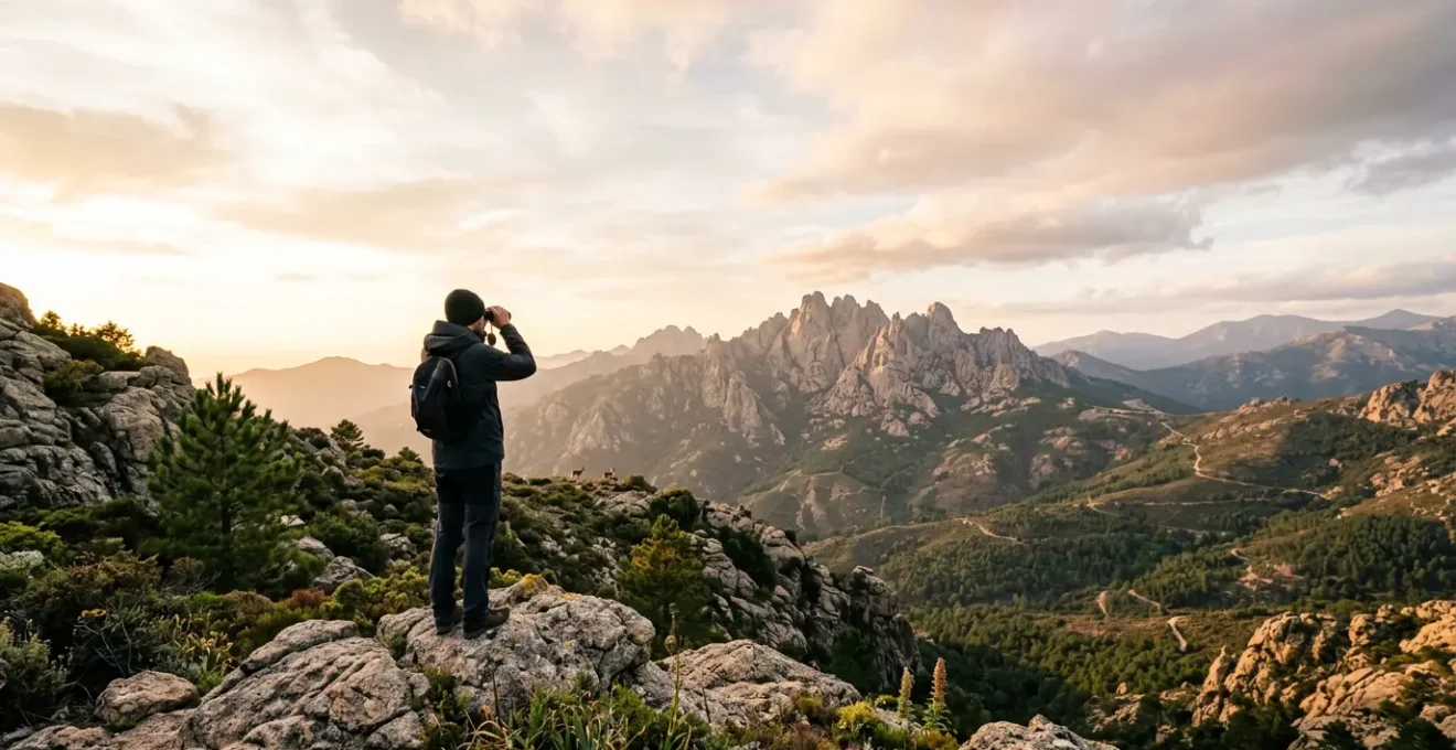 Observateur contemple la faune corse dans un paysage montagneux préservé de Bavella