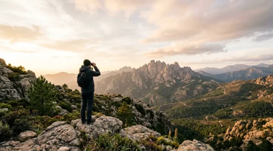 Observateur contemple la faune corse dans un paysage montagneux préservé de Bavella