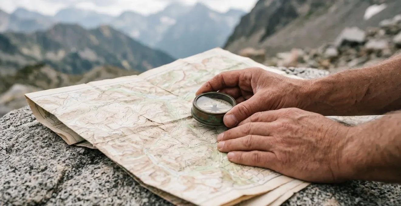 Mains de randonneur utilisant une boussole et une carte topographique pour s'orienter en montagne