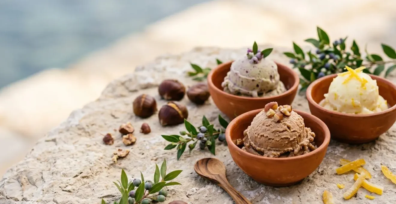Glaces artisanales corses aux parfums locaux de châtaigne myrte et cédrat sur fond méditerranéen