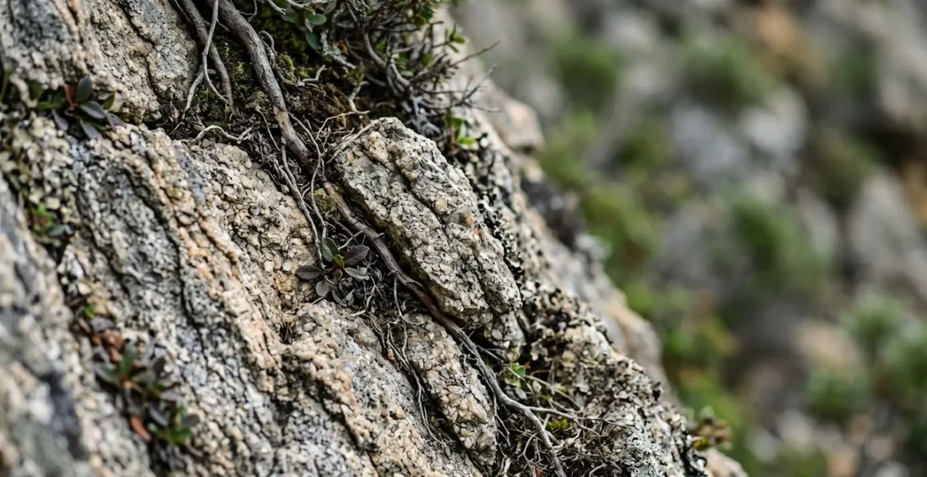 Gros plan détaillé sur une paroi de granit corse densément végétalisée montrant les signes de stabilité naturelle