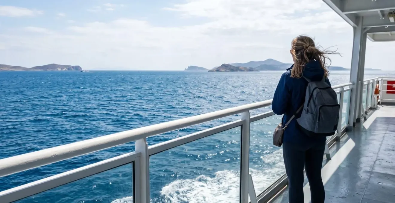 Vue de dos d'un passager debout sur le pont extérieur d'un ferry contemporain, cheveux au vent, regardant l'horizon méditerranéen sous une lumière naturelle éclatante