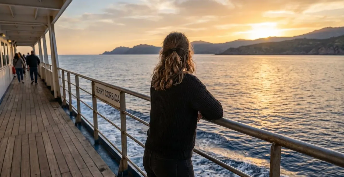 Une personne seule photographiée de dos, accoudée au bastingage d'un ferry, contemplant l'horizon méditerranéen dans une lumière dorée de fin de journée