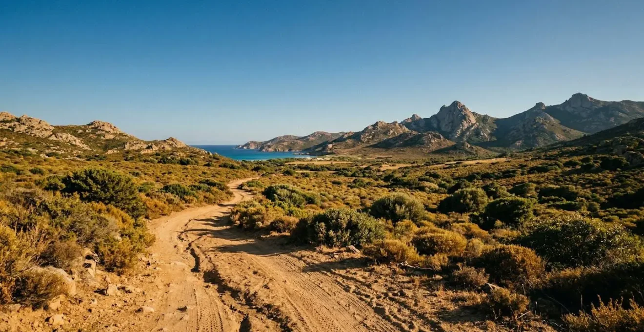 Piste accidentée dans le désert des Agriates avec traces de 4x4 menant vers les plages de Corse