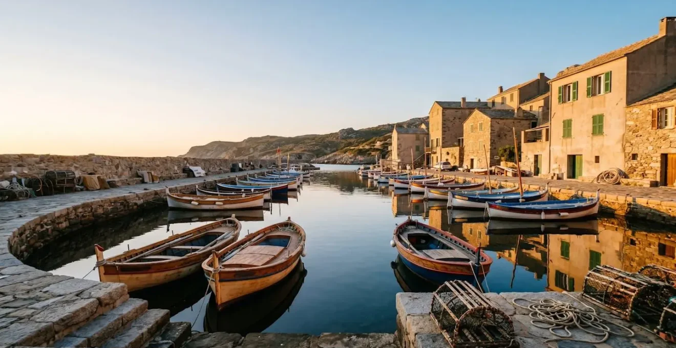Port de pêche de Centuri au coucher du soleil avec bateaux colorés et lumière dorée se reflétant sur l'eau calme