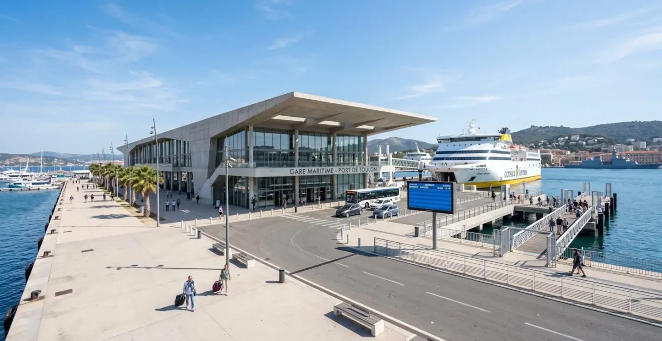 Vue large du terminal ferry du port de Nice avec architecture contemporaine méditerranéenne, quais propres et signalétique moderne