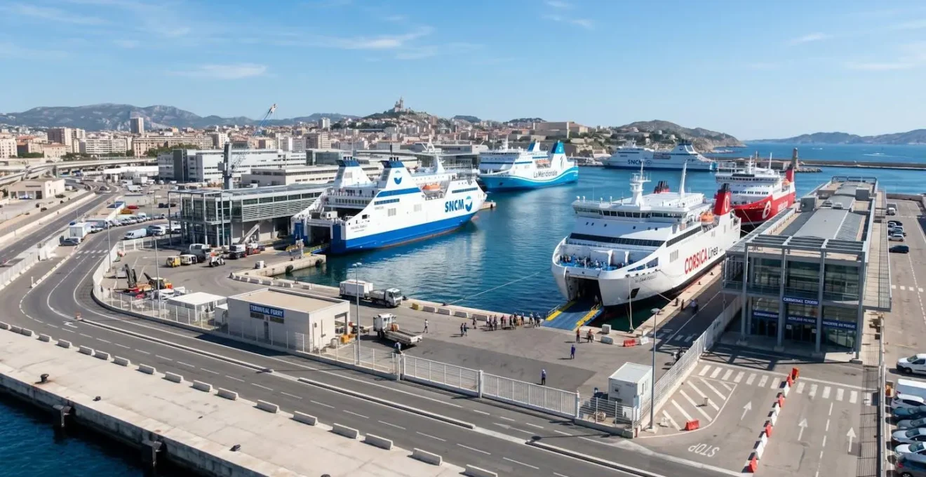 Vue grand angle du port de Toulon avec trois ferries blancs amarrés le long des quais, infrastructure portuaire moderne et bâtiments administratifs en arrière-plan sous un ciel bleu lumineux