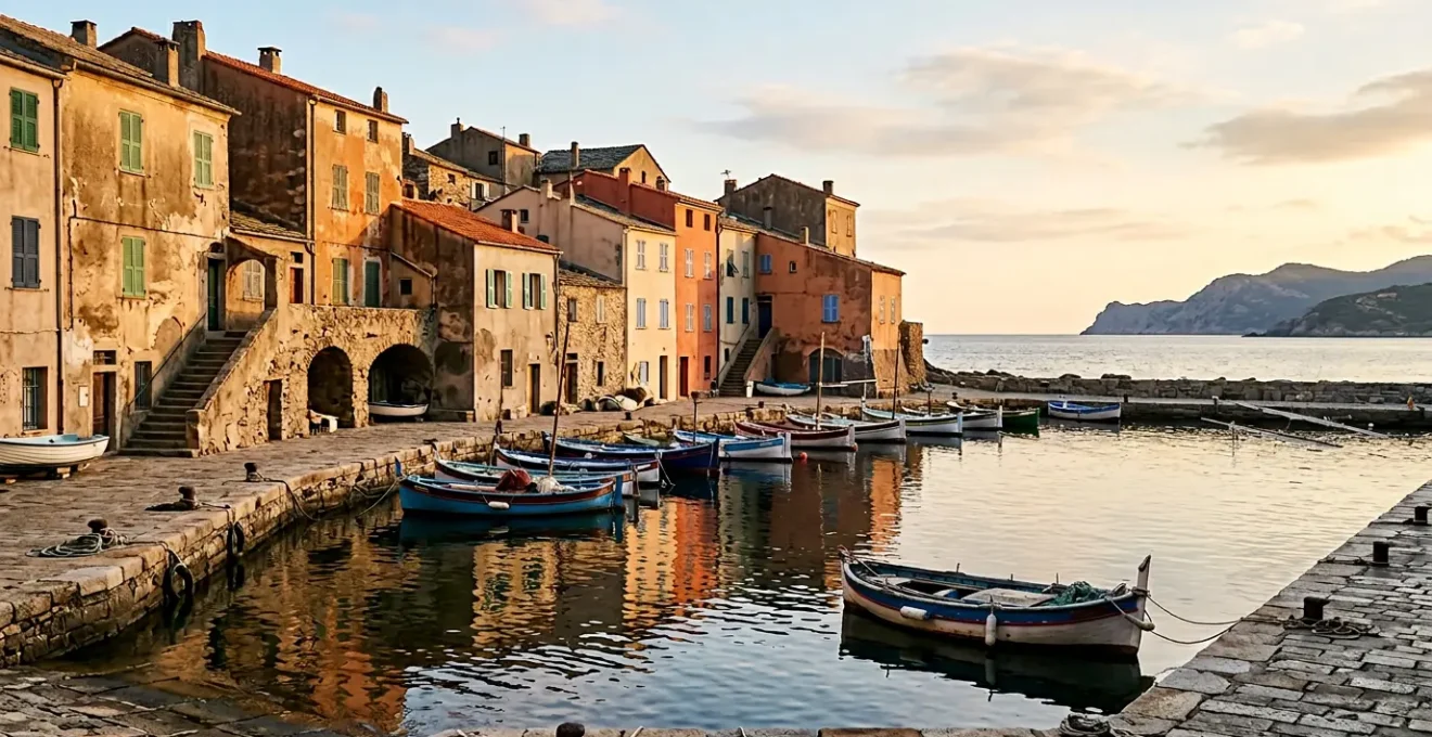 Port de pêche traditionnel corse avec façades colorées ocre et bateaux amarrés sous lumière dorée